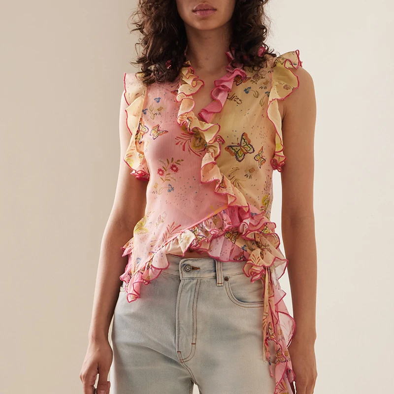 

Футболка женская с оборками и бабочками, без рукавов