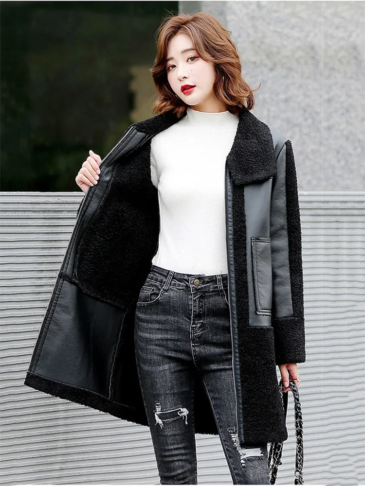 Women Sheepskin Coat Autumn Winter Casual Thicken Warm Jacket Double-faced Lamb Wool Splice Coat Loose Split Leather Outerwear