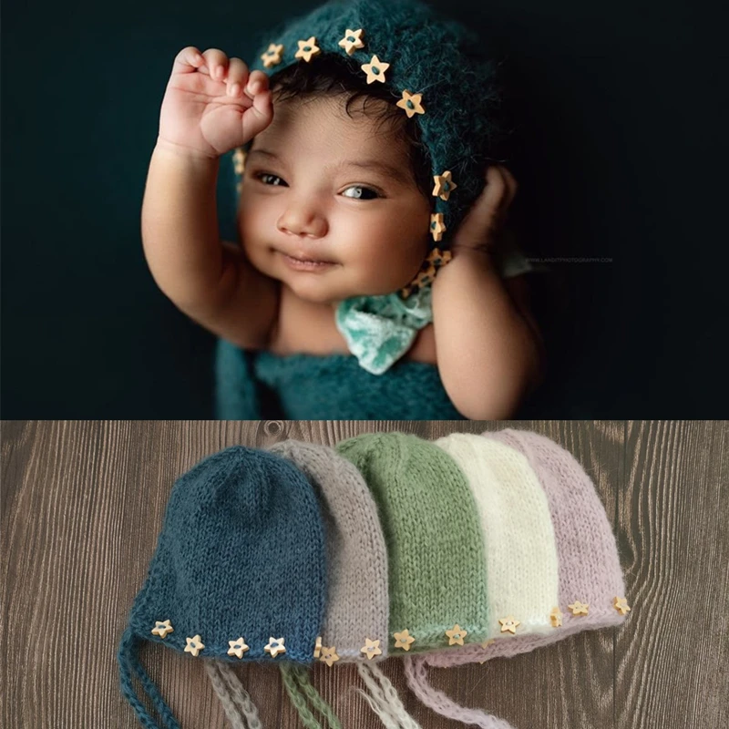Dvotinst Newborn Baby Photography Props Mohair Crochet Stars Bonnet Cute Knit Hat Fotografia Accessories Studio Shoot Photo Prop