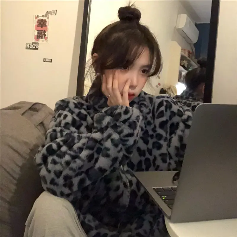 Women's Pink Leopard Print Stand-up Collar Sweater Faux Plush Hooded Cardigan Zipper Coat Animal Print Top Female Student New