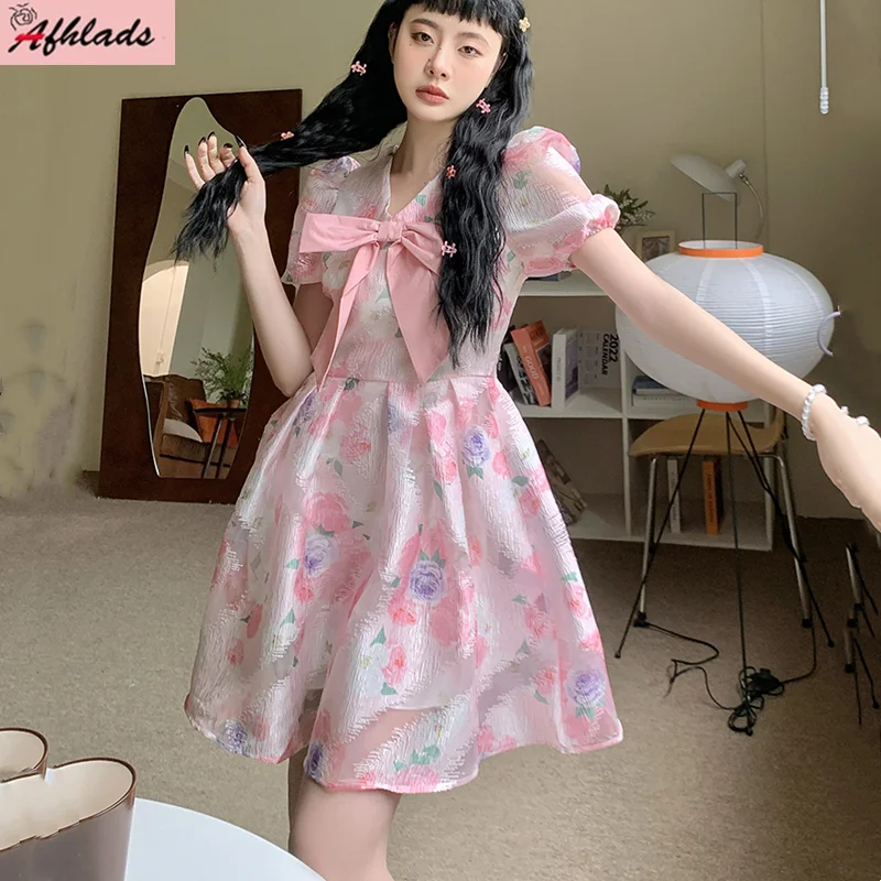 

Puff Short Sleeve Bow Floral Women 's Mini Dress Summer Beach Holiday High Waist Print Office Lady Sweet V-Neck Vestidos