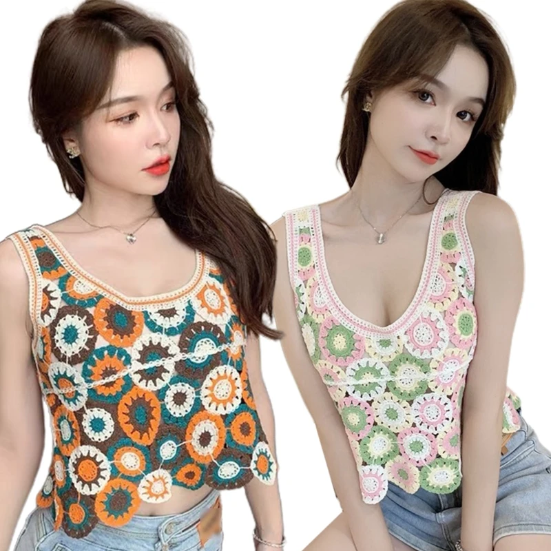 

Women Summer Sleeveless Scoop Neck Crop Tank Top Hollow Out Crochet Knit Embroidery Multicolor Circle Floral Sweater Vest Cami
