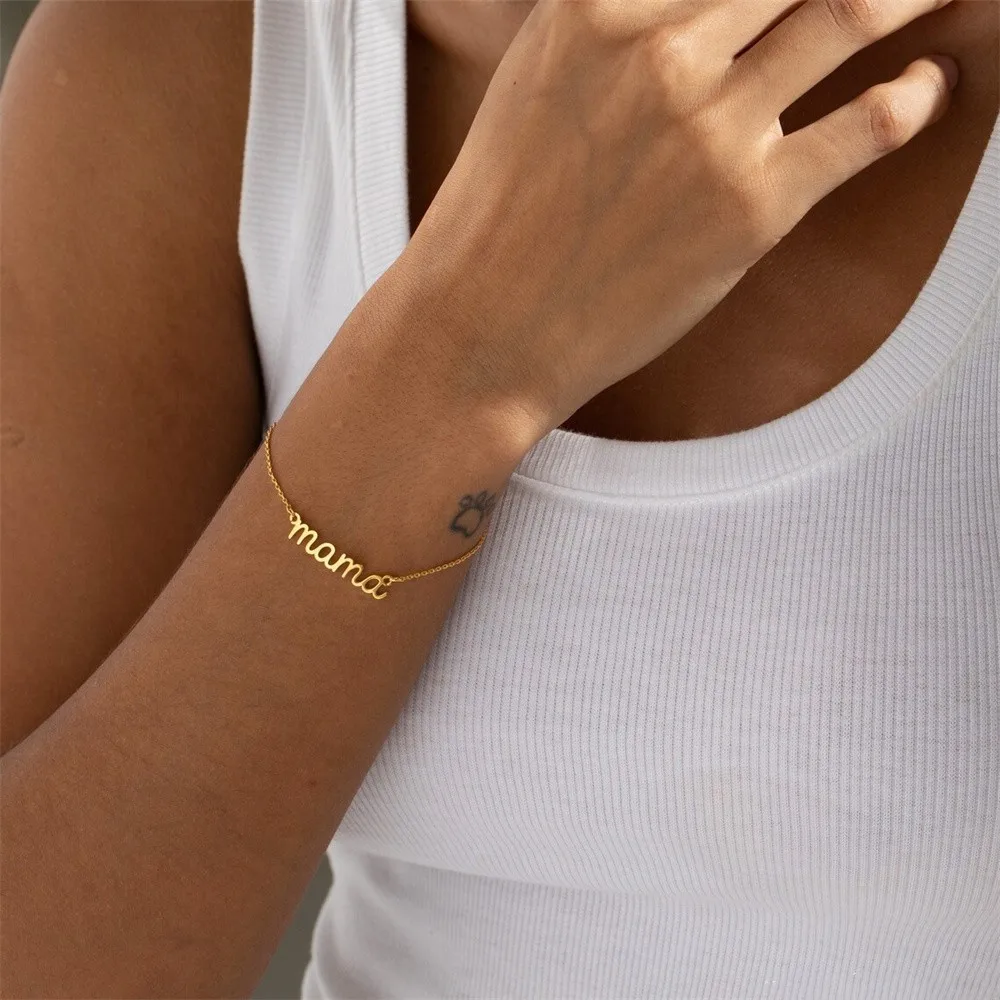 Personalized Name Bracelet for Mom Custom Stainless Steel Letters Wrist Chain Adjustable Bangle Jewelry Mother's Day Gift