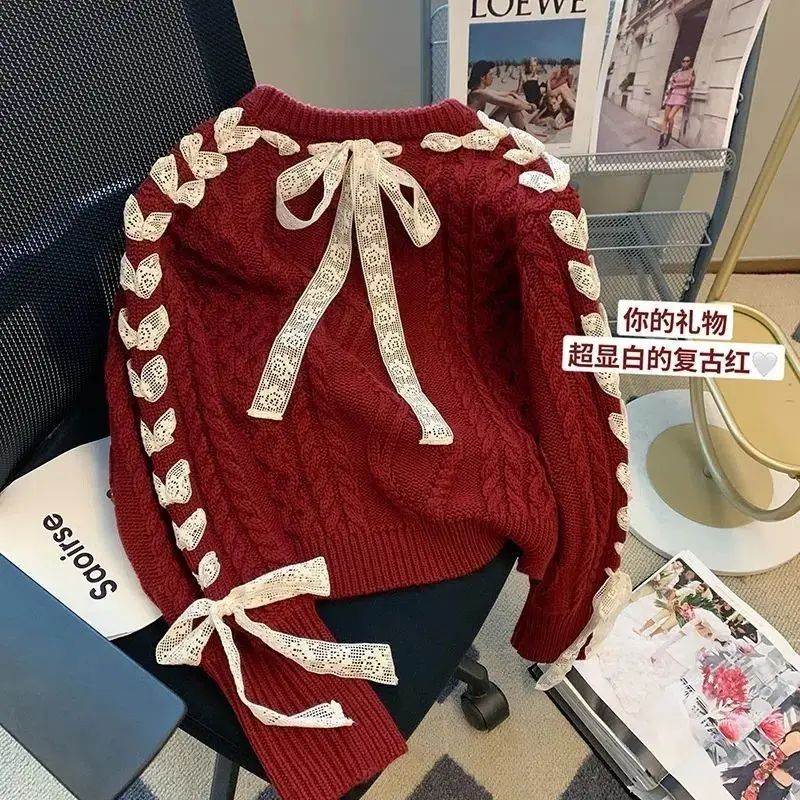 

2023 осень зима новые модные пуловеры однотонные короткие джемперы с длинным рукавом повседневные свободные винтажные вязаные свитера с бантом Q27