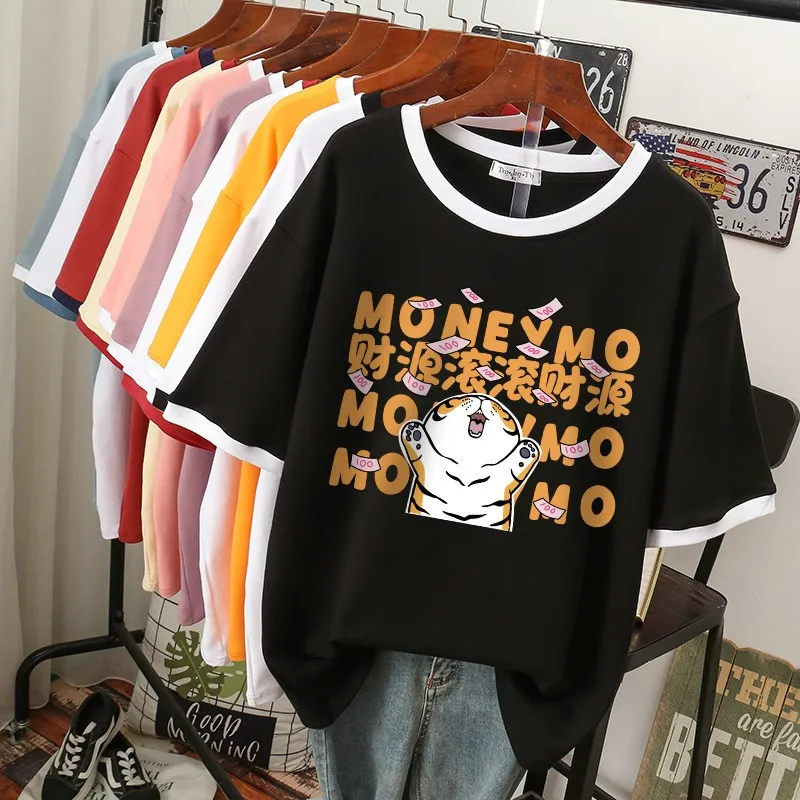 

DAYIFUN Plus Size T Shirt 100% Cotton L-4XL Tshirt Short Sleeve Women Summer Cartoon Print Patchwork O Neck Oversized T Shirts