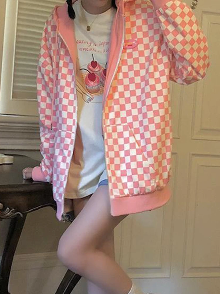 

Pink Jacket Niche Two-sided Checkerboard Zipper Hooded Sweatshirt Women 2022 Spring Autumn Korean Design Punk Sweet Student Top