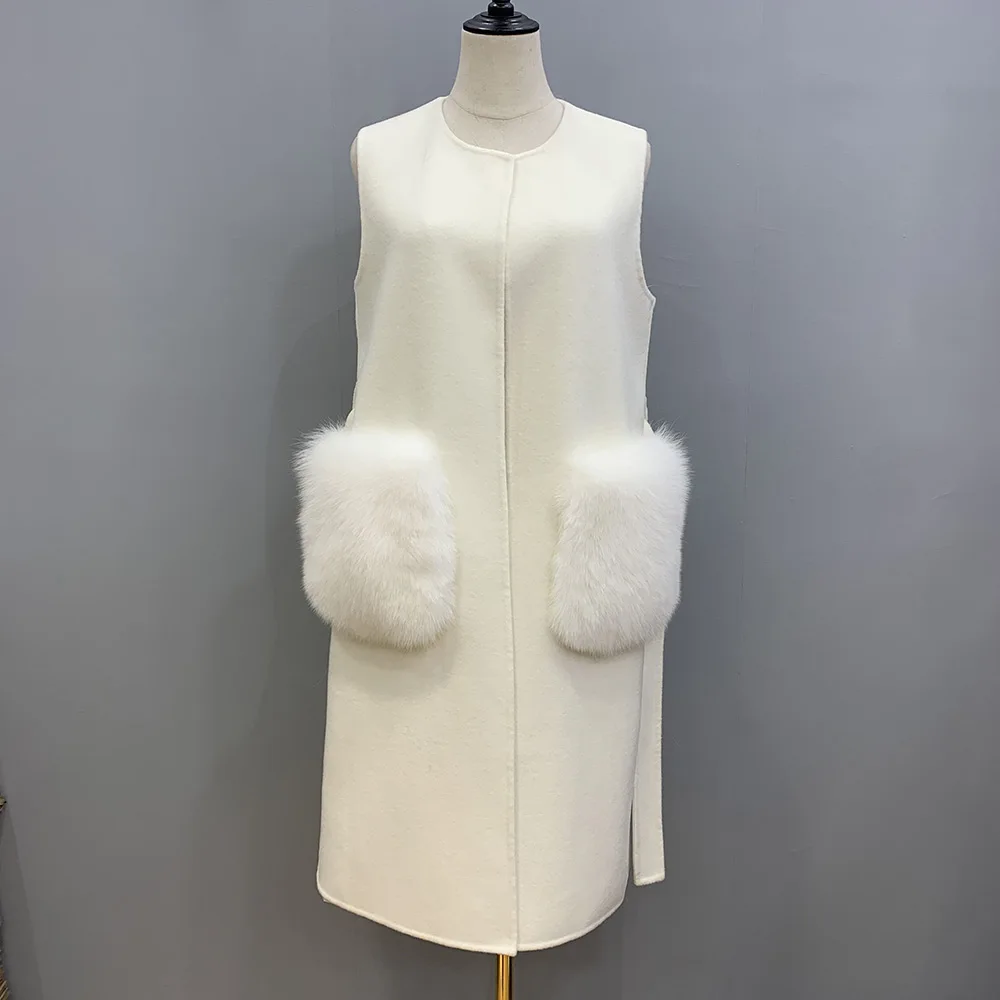 Spring Autumn Real Cashmere Vest With Fox Fur Women Fashion Sleeveless Fur Pocket Gilet Streetwear Wool Waistcoat S3605B