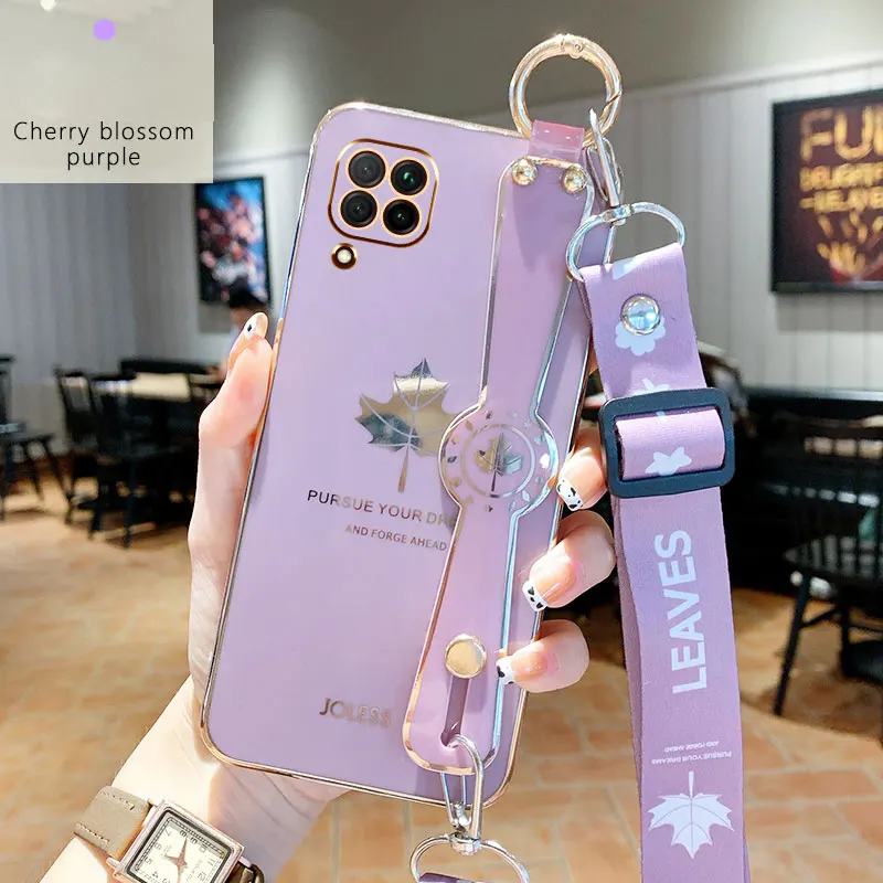 

Maple Leaf Wristband Holder Phone Case For Huawei Nova 7i Luxury Plating Electroplated Case Huawei P40 P50 P30 P20 Lite Pro Case