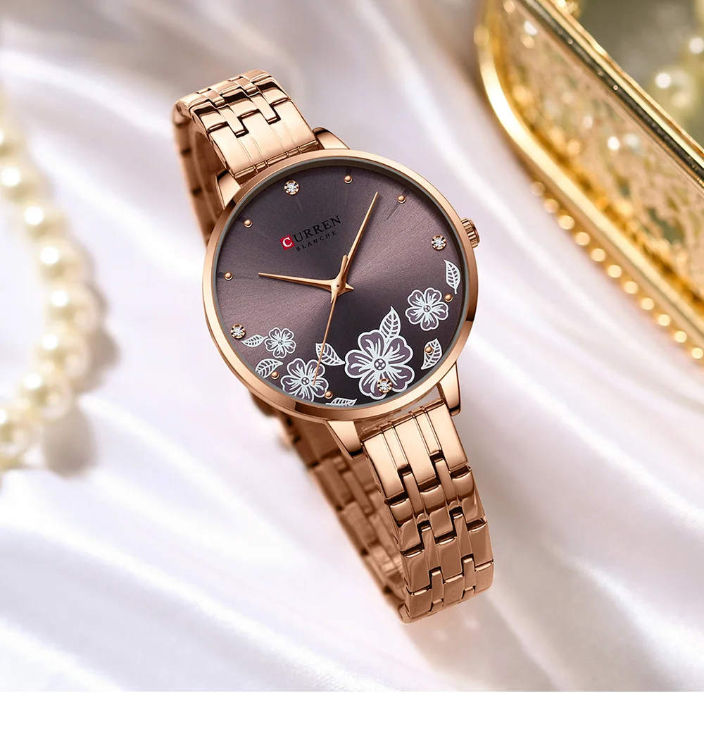 

Модные кварцевые наручные часы CURREN для простых часов из нержавеющей стали, браслет с цветочным дизайном, часы с циферблатом для женщин 2023