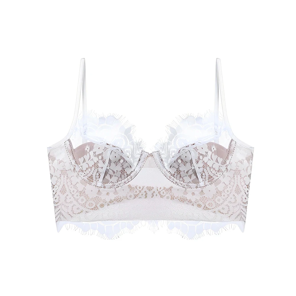 

CYHWR Women's Sexy Eyelashes Lace Backless Bra White Fashion Long Hem Thin Narrow Strap Underwear Push Up Ladies Lingerie