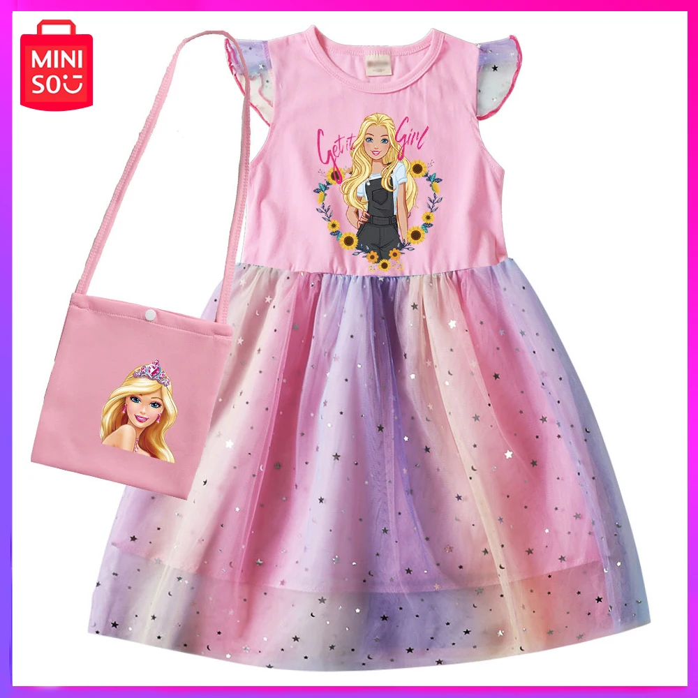 

2024 Miniso Barbie New Summertime Children Skirt Cute Print Short-Sleeved Princess Dress Bag Pink Kawaii Girl Birthday Present