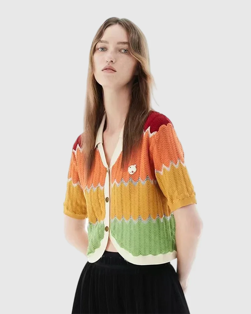 

Summer 2022 Best New Casual Fashion Ladies Clothing Rainbow Striped Polo Neck Loose Slim Knit Sweater Short SleeveSmall Cardigan
