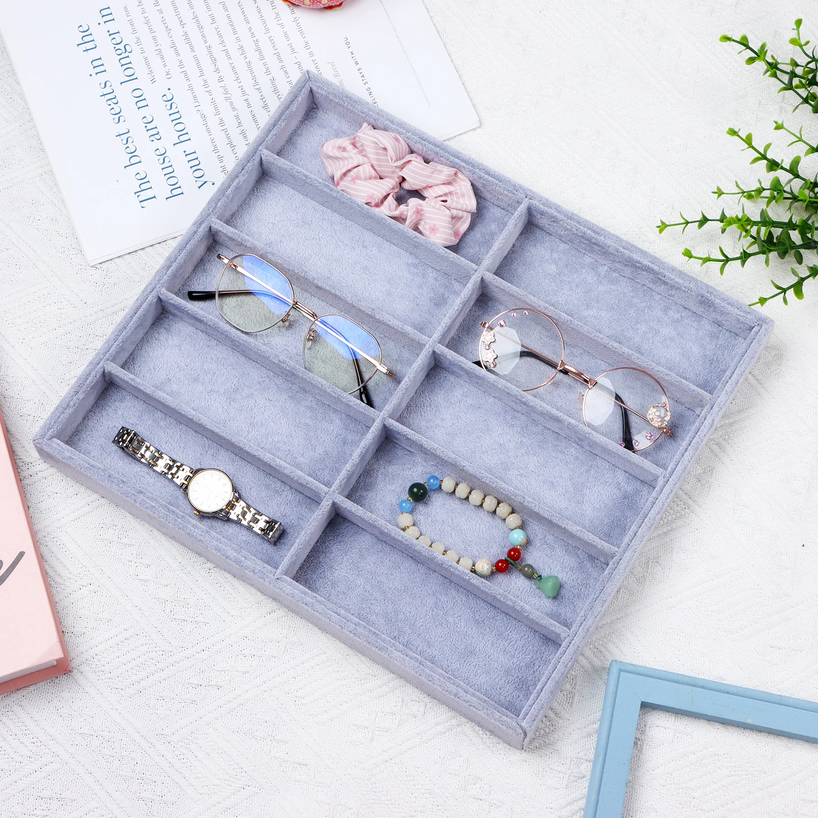 

2 PCS Sunglass Organizer Trays Display Sunglass Trays 10 Grids Velvet Glasses Tray Stackable Jewelry Organizer (Grey)