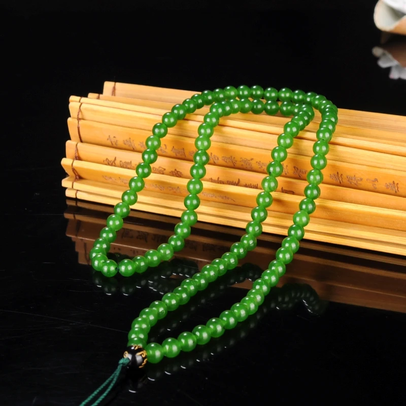 

Hetian jade jasper bead necklace pendant lanyard chain old pit spinach green 6mm chain women's hanging chain jade chain