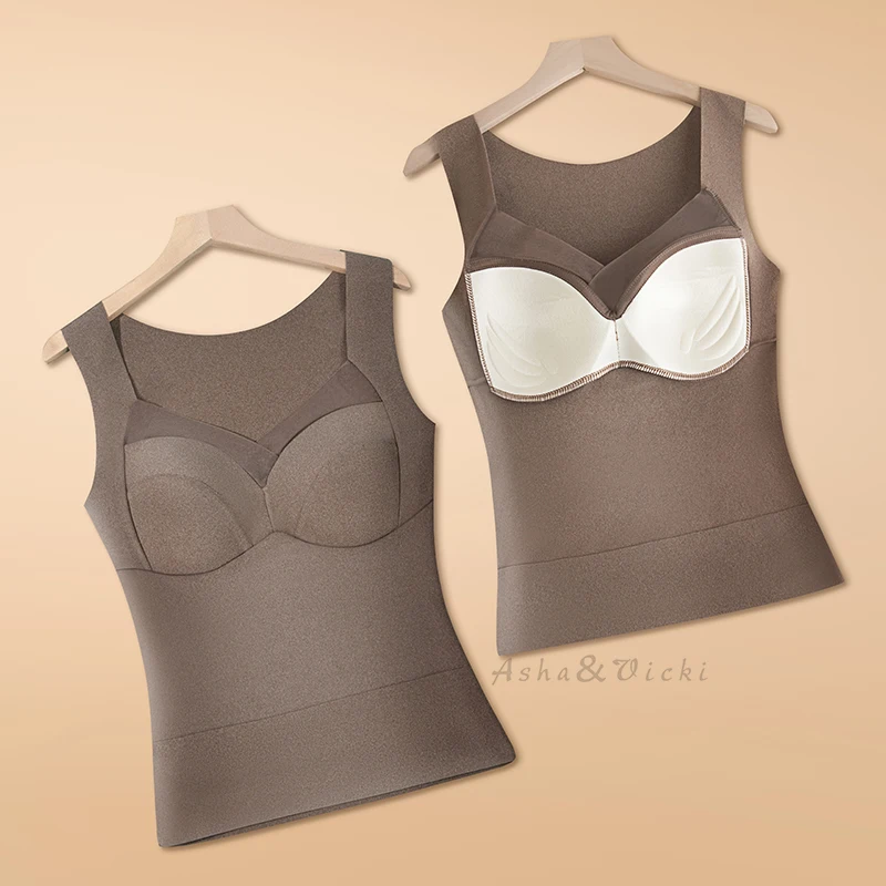 2pcs Fall/Spring Plus Size Velvet Thermal Vest Women French Underwear Fixed Cup Latex Single Layer Sanding Heating Vest