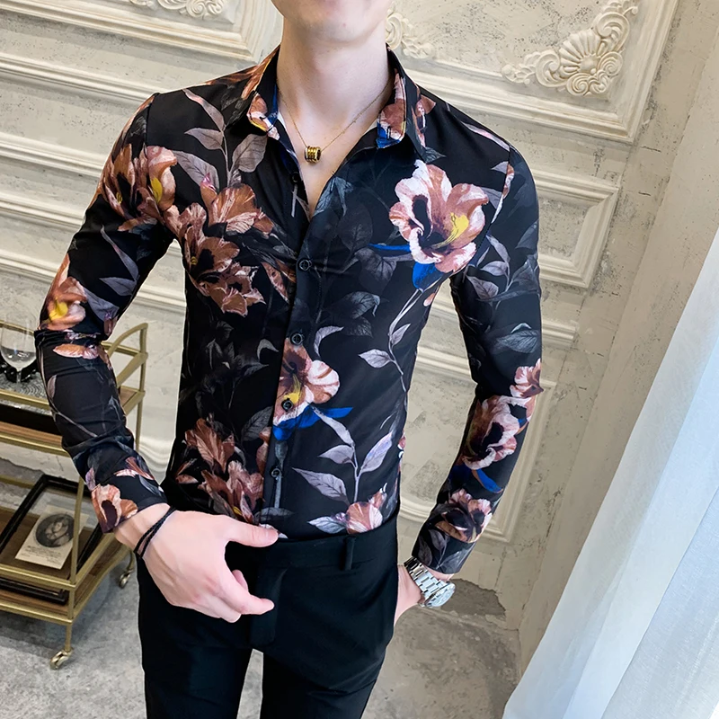 2022 Spring Vintage Men's Shirts Floral Print Slim Long Sleeve Casual Shirt Social Party Tuxedo Shirt Streetwear Male Clothing
