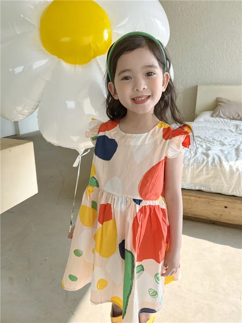 

Летняя одежда для девочек, маленькие летние рукава, мультяшное платье с принтом граффити, хлопковое удобное платье