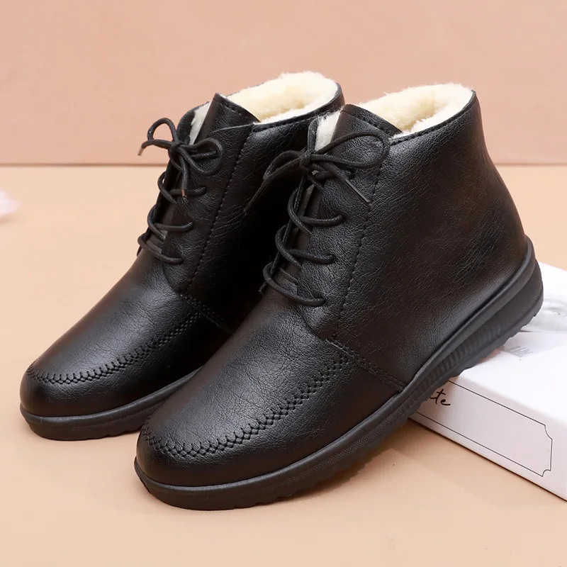 

Mother Cotton Shoes Women Winter Lace-up Pu Leather Shoes Warm Ankle Boots