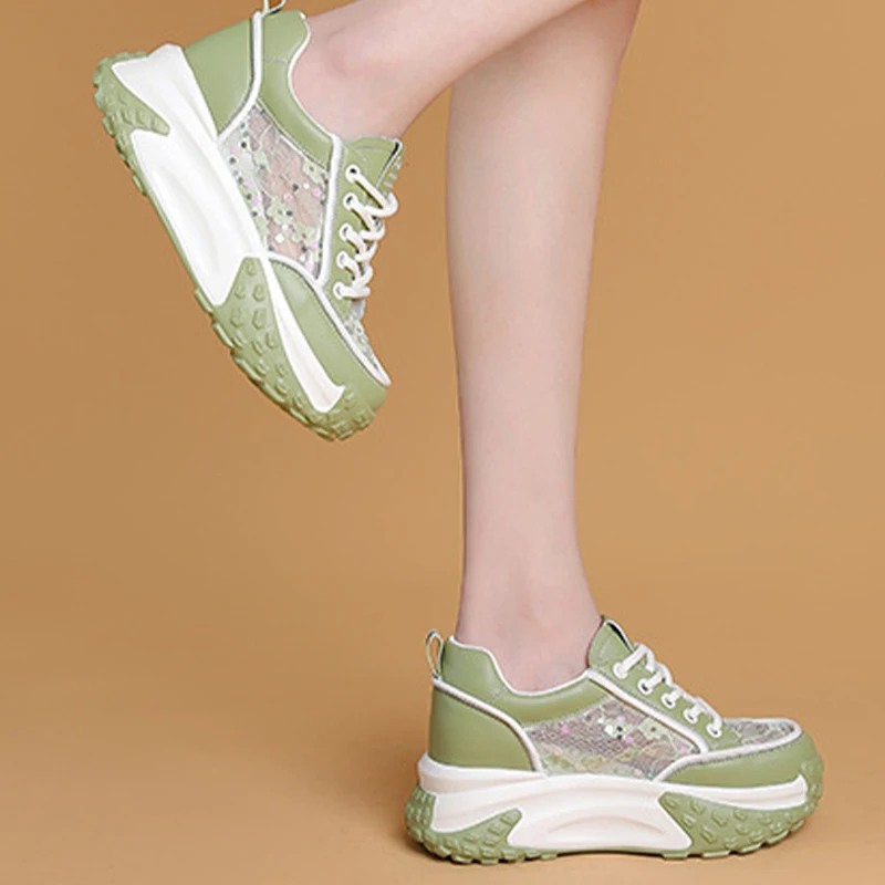 Chunky Air Mesh Breathable Sneakers Fashion Genuine Leather Women Vulcanize New Female Summer Comfy Lace Up Fashion Ladies Shoes