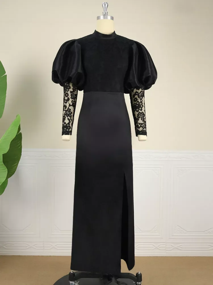 AOMEI Plus Size Black Party Long Dresses High Slit Women Lace Patchwork Elegant Evening Stand Neck Lantern Sleeves Robes 4XL New