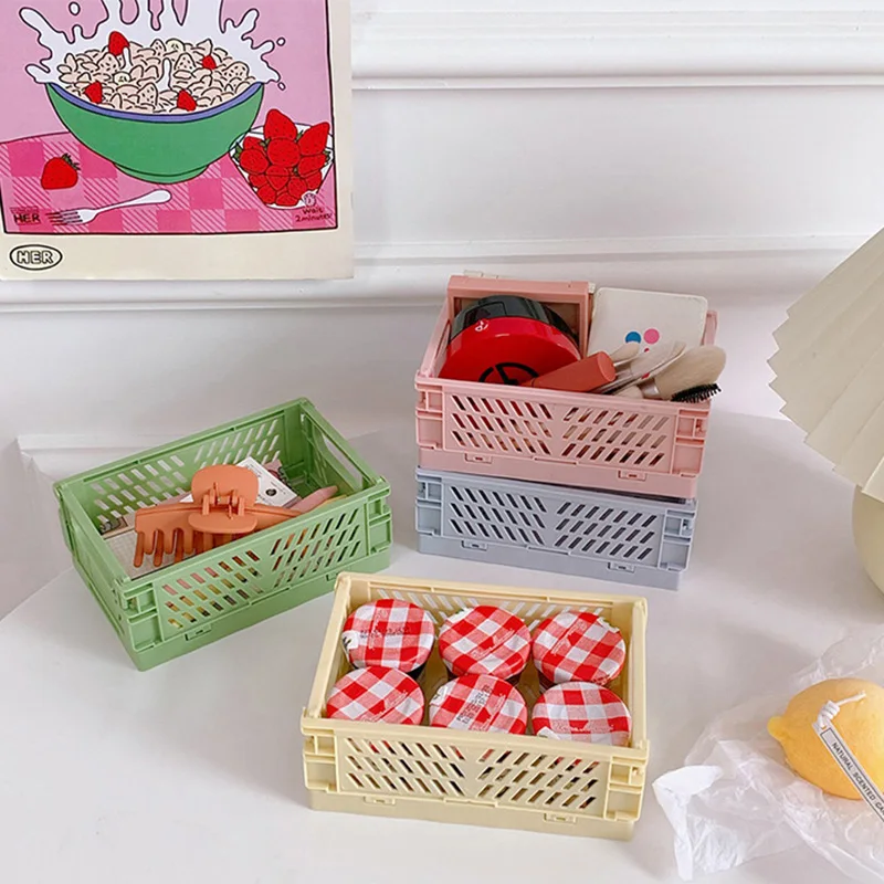 

Mini Folding Plastic Storage Basket Student Desktop Box Organizator Tape Stationery Storage Box Home Appliance Bathroom Kitchen