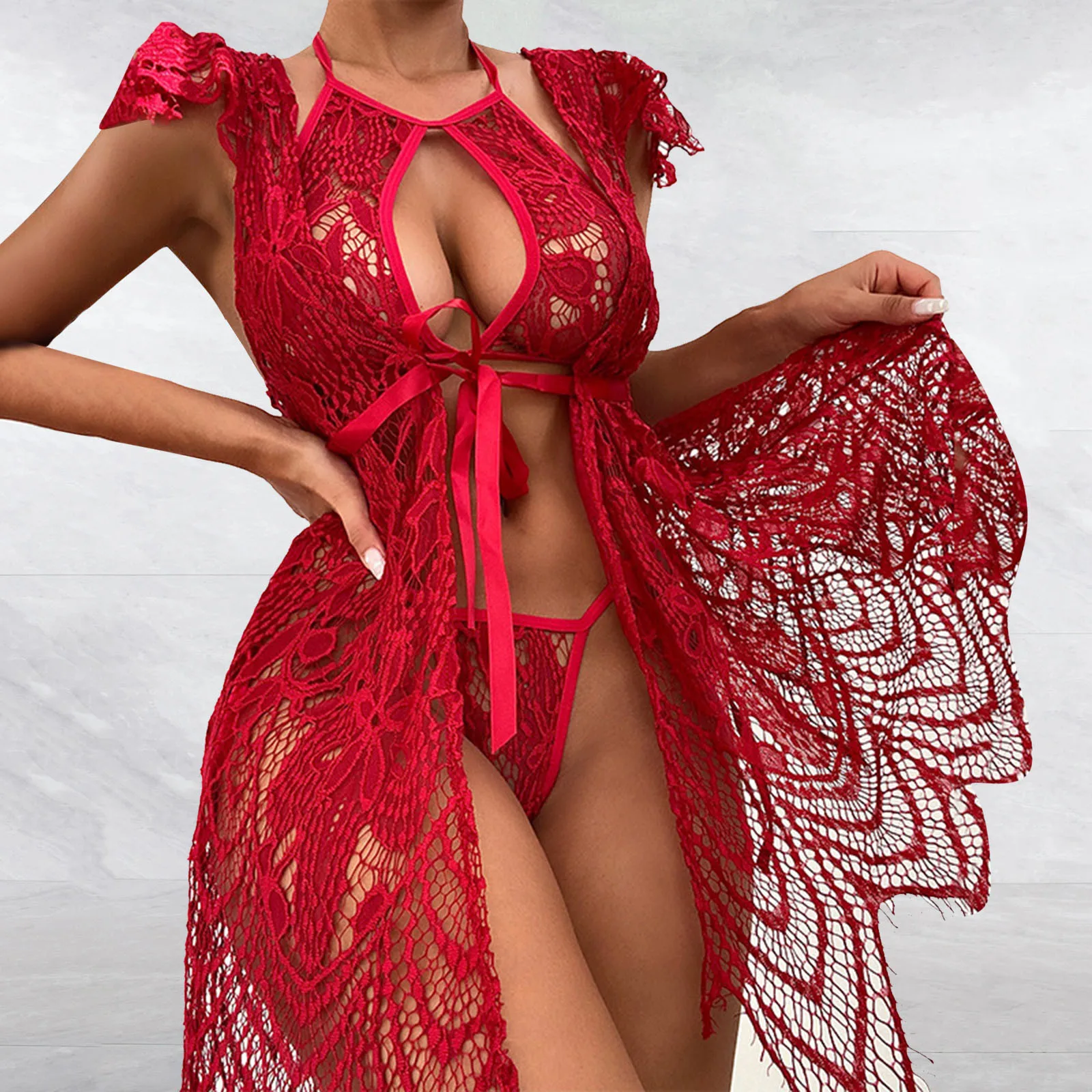 

Женское кружевное Ночное платье с V-образным вырезом и трусиками-танга