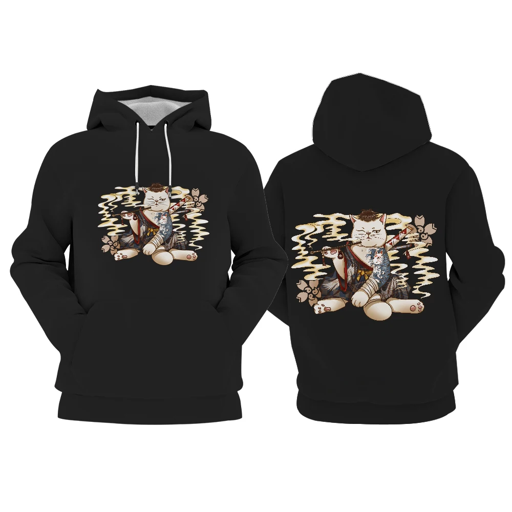 

Vintage Japanese Style Cat Graphic Men's Hoodie Sakura Pattern Long Sleeves Stylish Pocket Sweatshirt Trendy Streetwear Hooded