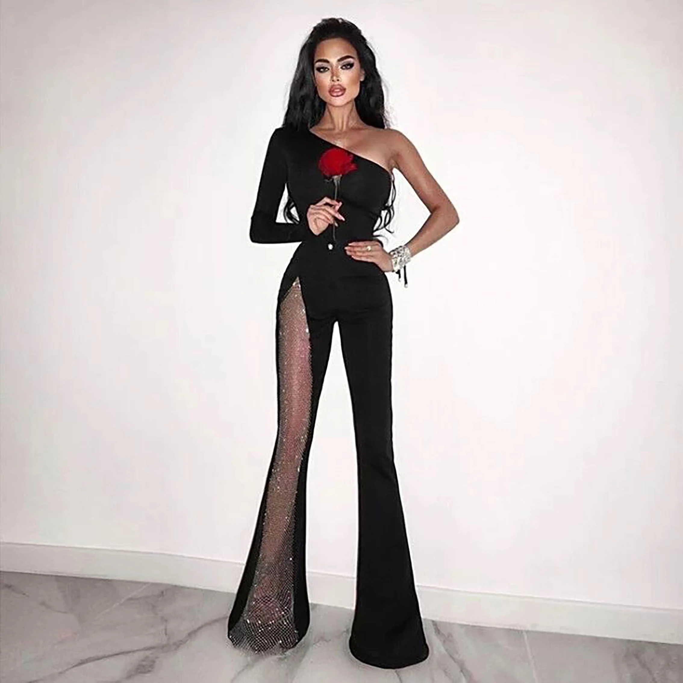 Fashion Sexy Black White One Shoulder Long Sleeve Diamond Bandage Jumpsuit Bodycon Night Club Outfit Women Bodysuit Playsuits