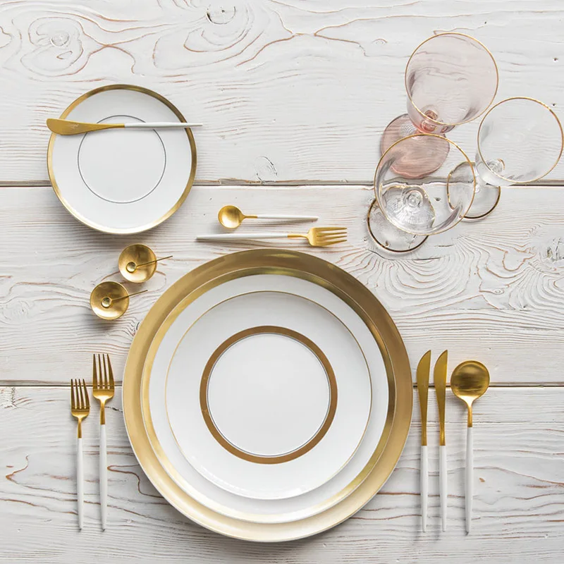 

Restaurant Plate Ceramic Tableware Food Tray Western Restaurant Wedding Gold Rim Plate Gilt Luxury Dinnerware Porcelain Plate