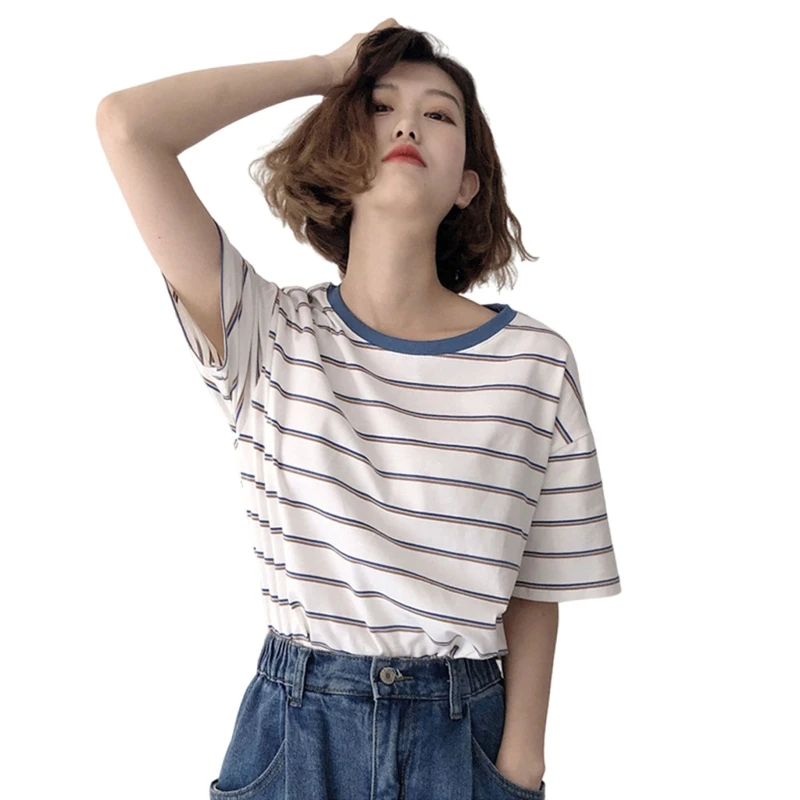 

Women O-Neck Short Sleeve T-Shirt Contrast Color Horizontal Striped Loose Tops