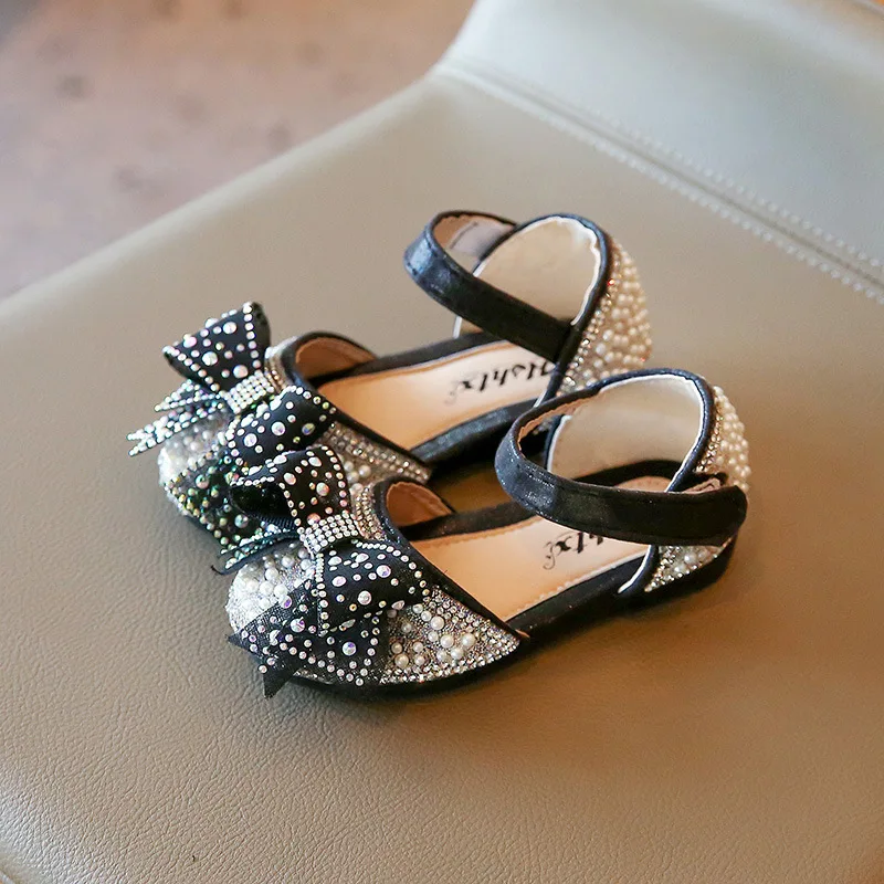 

2022 Spring New Children's Fashion Sandals Girls PU Shoes Shallow Shoes Korean Style Rhinestone Bow Princess Performance Chic
