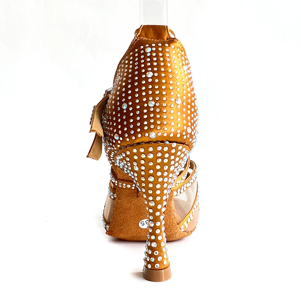 Women Latin Dance Shoes Rhinestones Soft Bottom Tan Satin Salsa Shoes For Dancing Ladies Sandals Women's Wedding Hight Heel 9cm