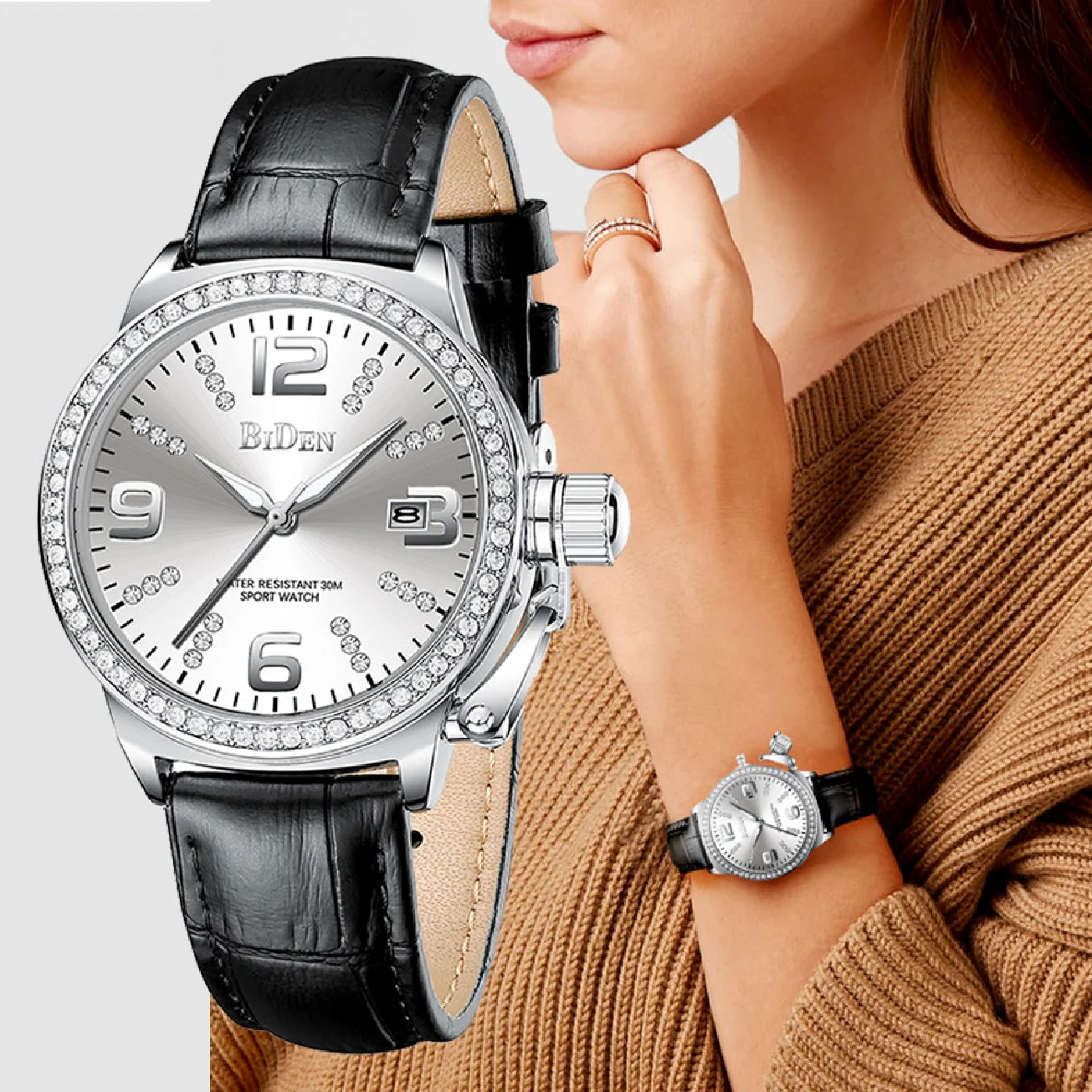 BIDEN Top Brand Luxury Women Quartz Watch Diamond Bracelet Leather Band Ladies Dress Bracelet Wristwatch Gift Calendar Clocks