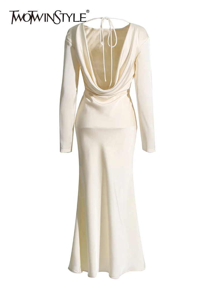 

TWOTWINSTYLE Solid Spliced Lace Up Backless Slimming Dresses For Women Round Neck Long Sleeve High Waist Elegant Dress Female