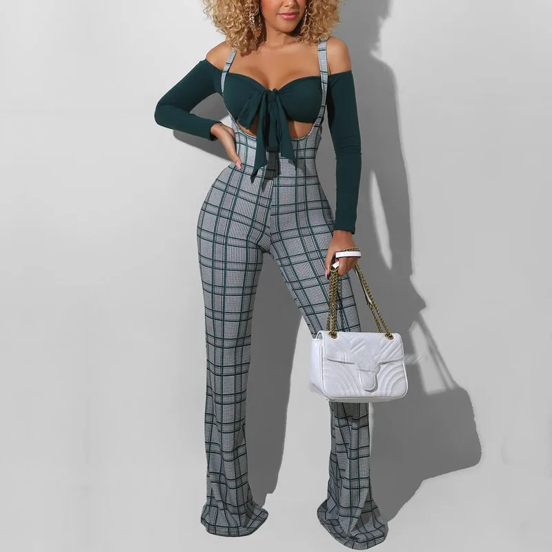 

Fashion Flared Jumpsuit Autumn Women's High Waist Printed Plaid Overalls Party Club Plaid Wide Leg Suspenders Bottoms 2021 New