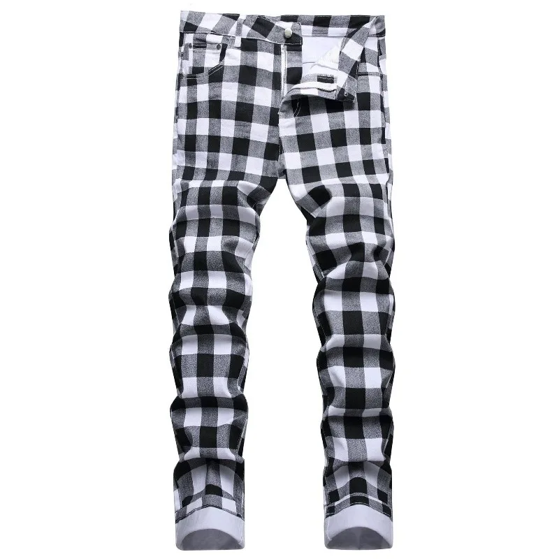 Men's Street Plaid Jeans Personality Fashion Elastic Slim Jeans