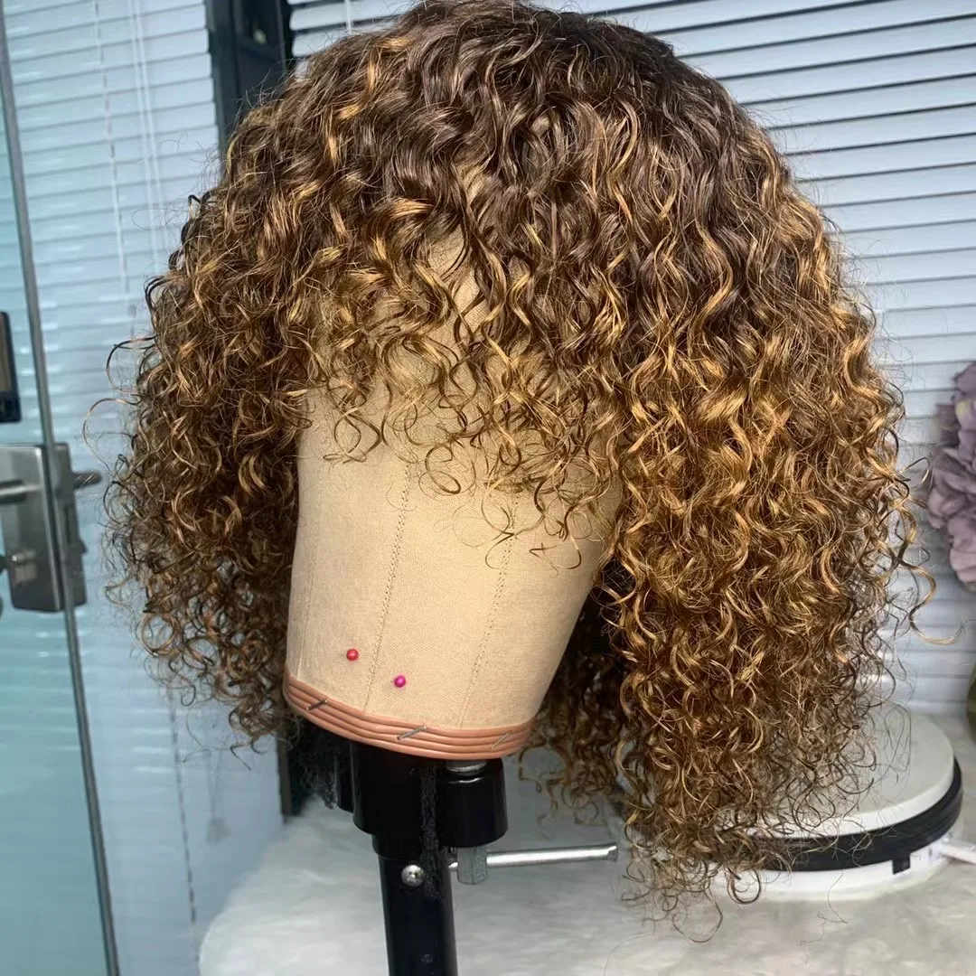 250% Density Curly Human Hair Wig For Women 10--16inch Short Curly Bob Wigs With Bangs Malaysian Machine Made Kinky Curly Wigs