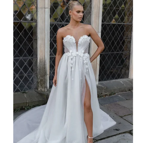 New Arrival A Line Wedding Dresses Customized Tulle Lace Flowers Sexy Side Split Buttons Bridal Gown vestidos para mujer