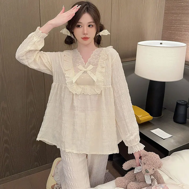 Пижама с длинным рукавом для женщин повседневная Милая Кружевная Домашняя