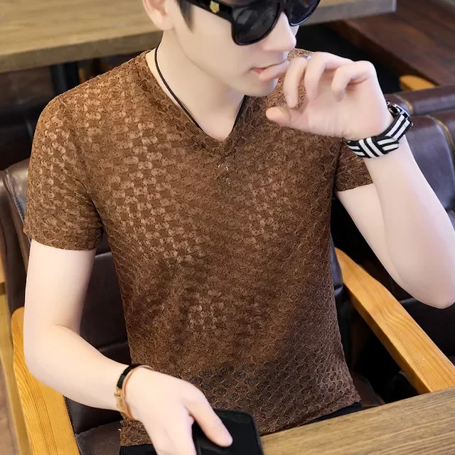 

NEW IN Summer New Men's Sexy V Neck Mesh Hollow Out T-shirts Transparent Short Sleeve T Shirt Casual Fitness Party Tops M-3X