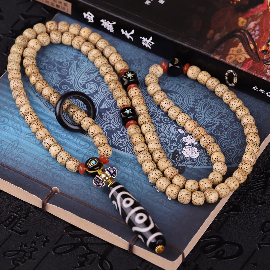 

108 Buddha Beads Xingyue Bodhi Seeds String Natural Agate Eight-Eyed Dzi Pendant Necklace Rosary Quaint Jewelry Man Woman