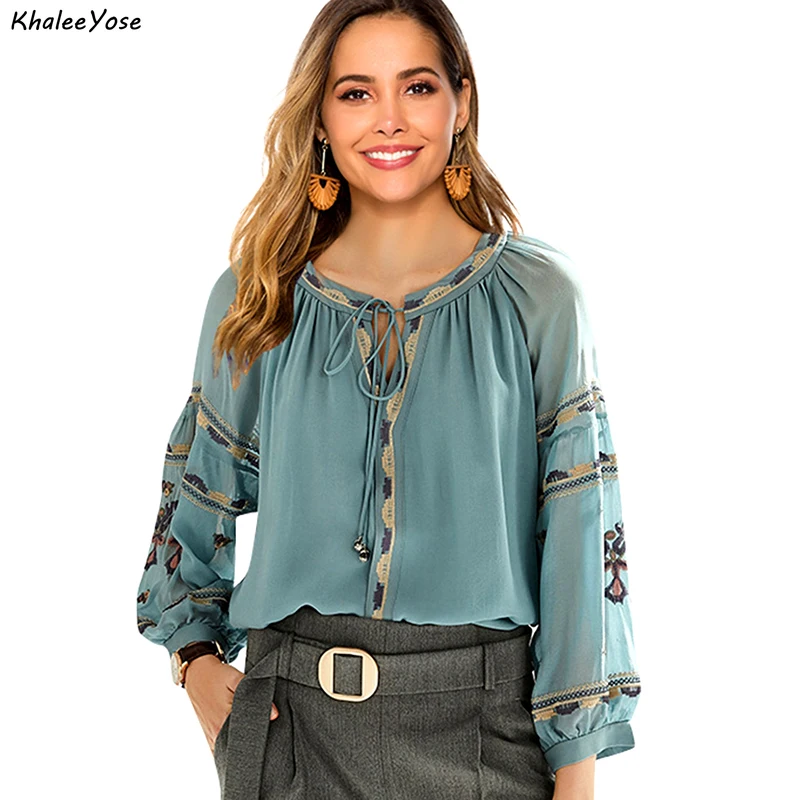 Блузка KHALEE YOSE женская с цветочной вышивкой, шелковая рубашка в стиле бохо, мексиканская сорочка оверсайз, в этническом стиле, на шнуровке, 2xl,...