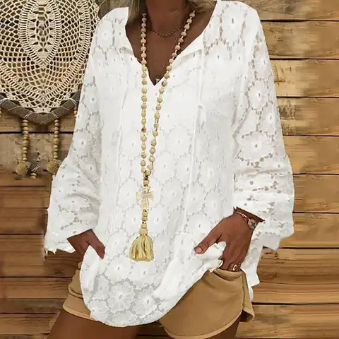 Women Solid Loose Blouse Lace Strap Hollow Trumpet Sleeve Loose Pullovers Shirts Vintage Oversized Round Neck Boho Blouses Tops