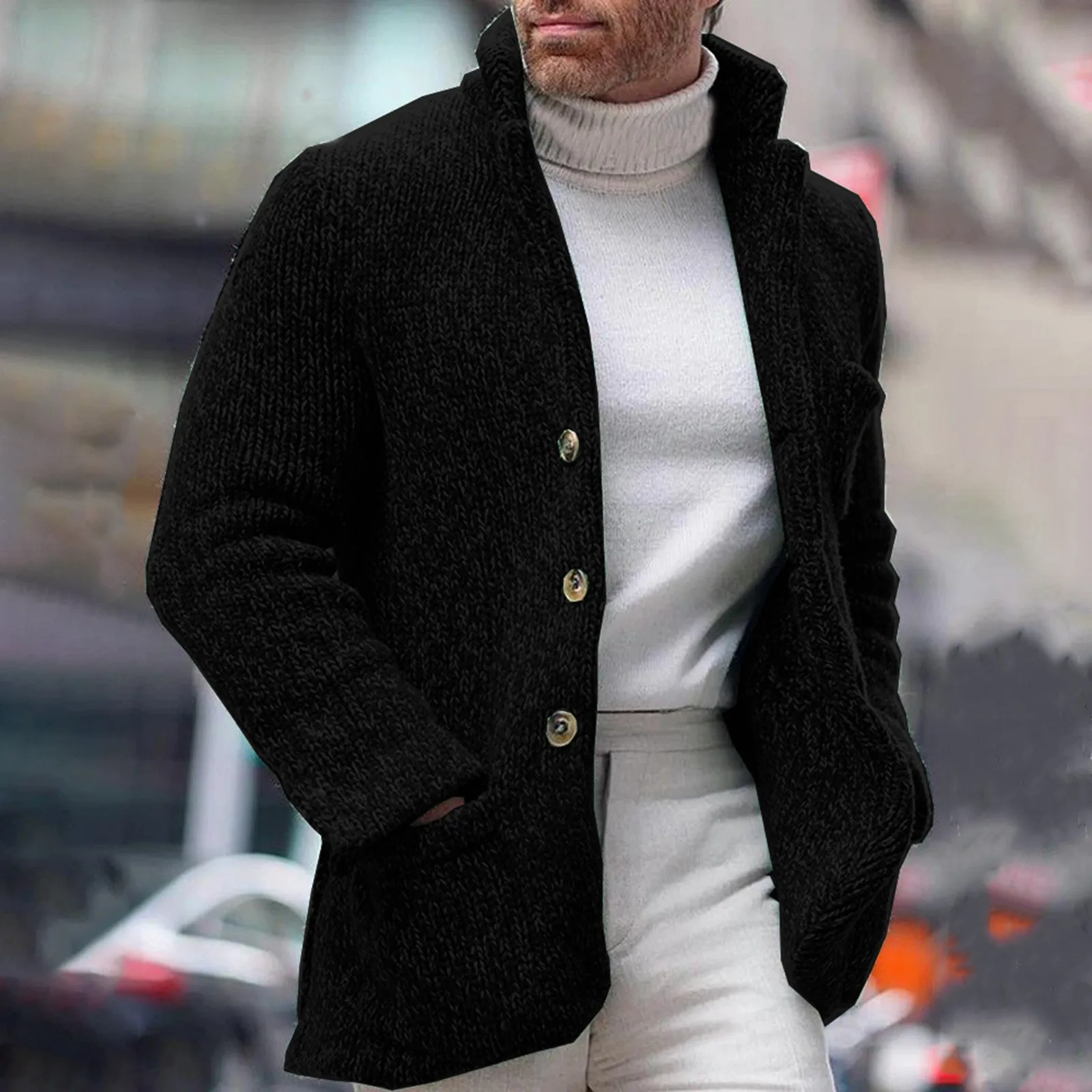 

Men's Sweater Coat Fall Knit Stand Collar Buttons Pocket Male Long Sleeve Solid Color Sweater Mens Winter Coats