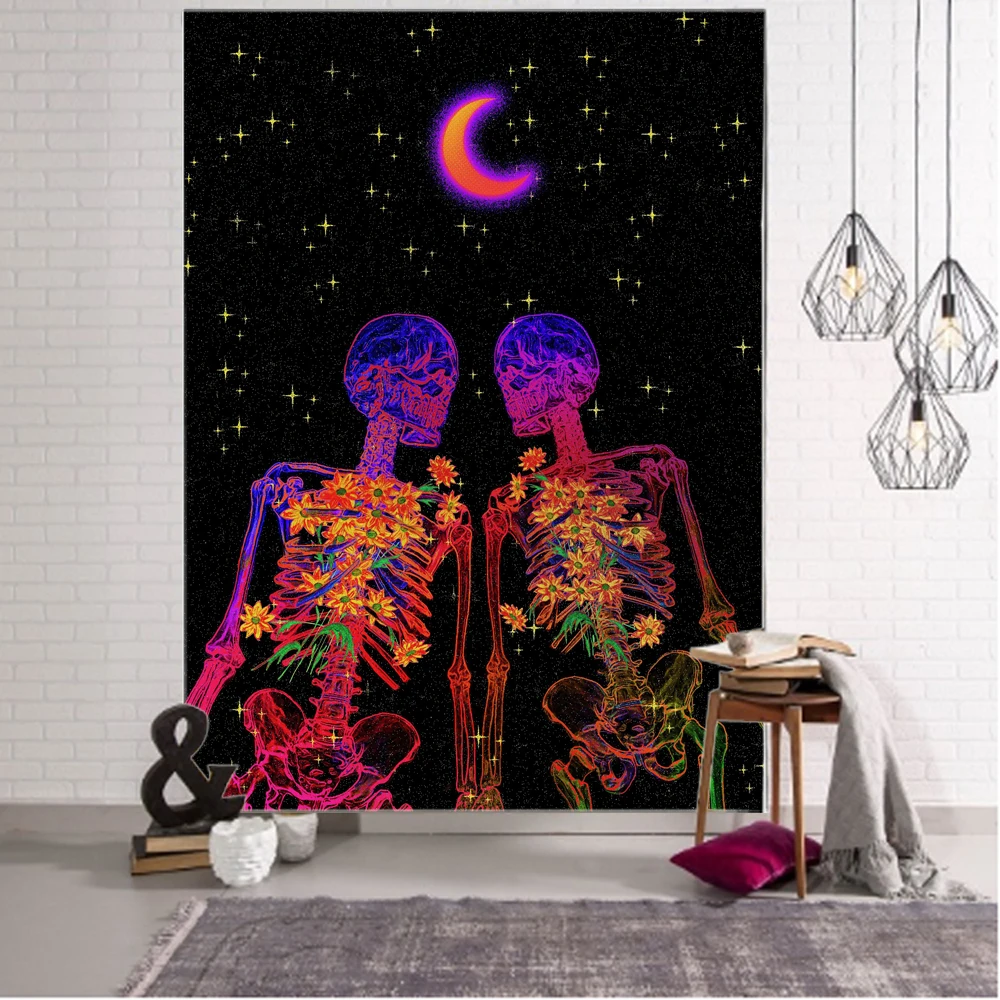 

Black Light Tapestry UV Reactive Psychedelic Fluorescent Skull Tapestry Mandala Bohemian Decorative Tapestry for Home Decor