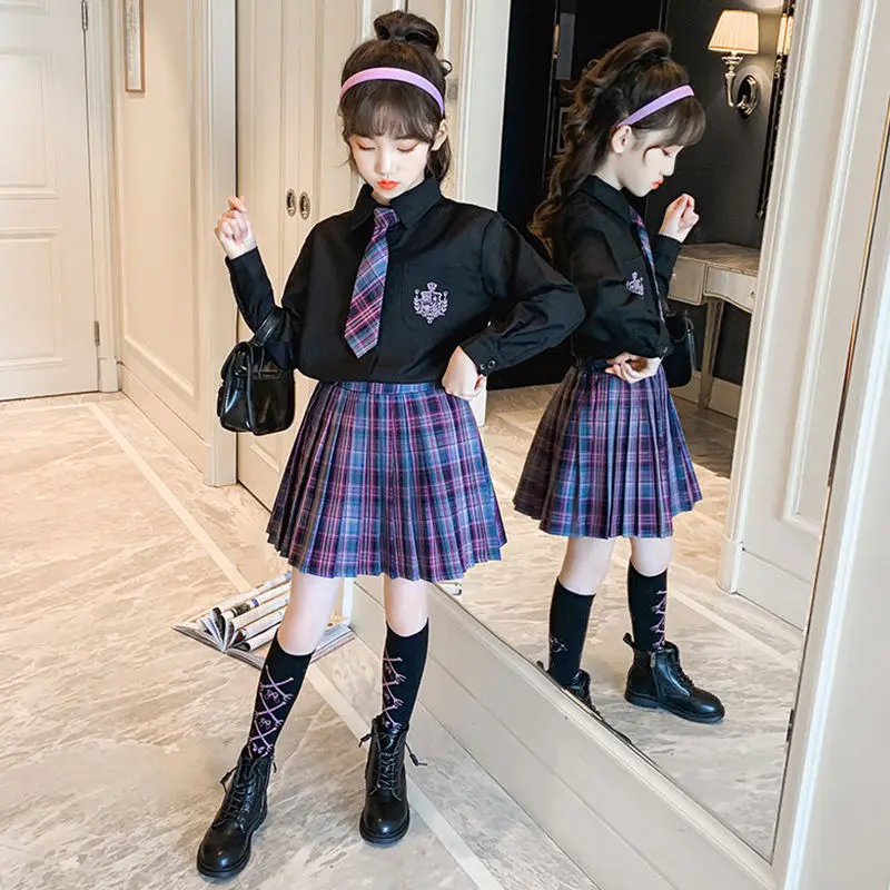 

Костюм для девочек Летний Новый Стиль костюм с юбкой в британском стиле костюм из 3 предметов рубашки + юбки + галстук детская одежда для дево...