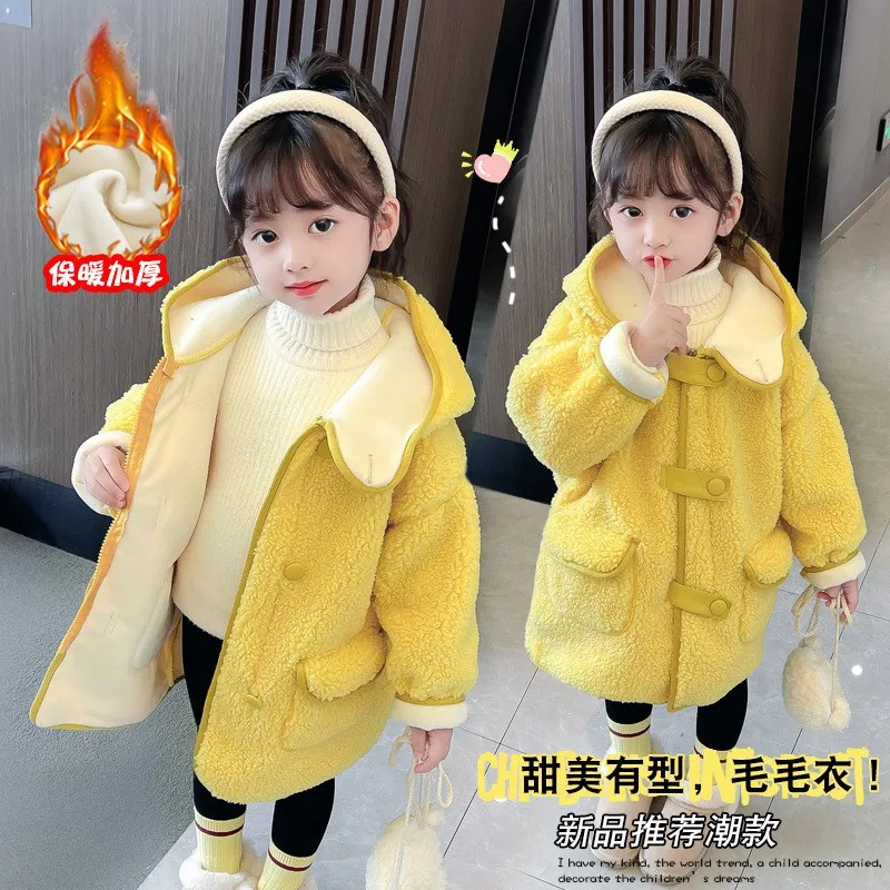 

Плюшевая куртка с капюшоном, теплая верхняя одежда из овечьей шерсти для девочек, пальто для маленьких принцесс на Рождество, зимняя повседневная одежда, подарок на день рождения для детей 1-8 лет
