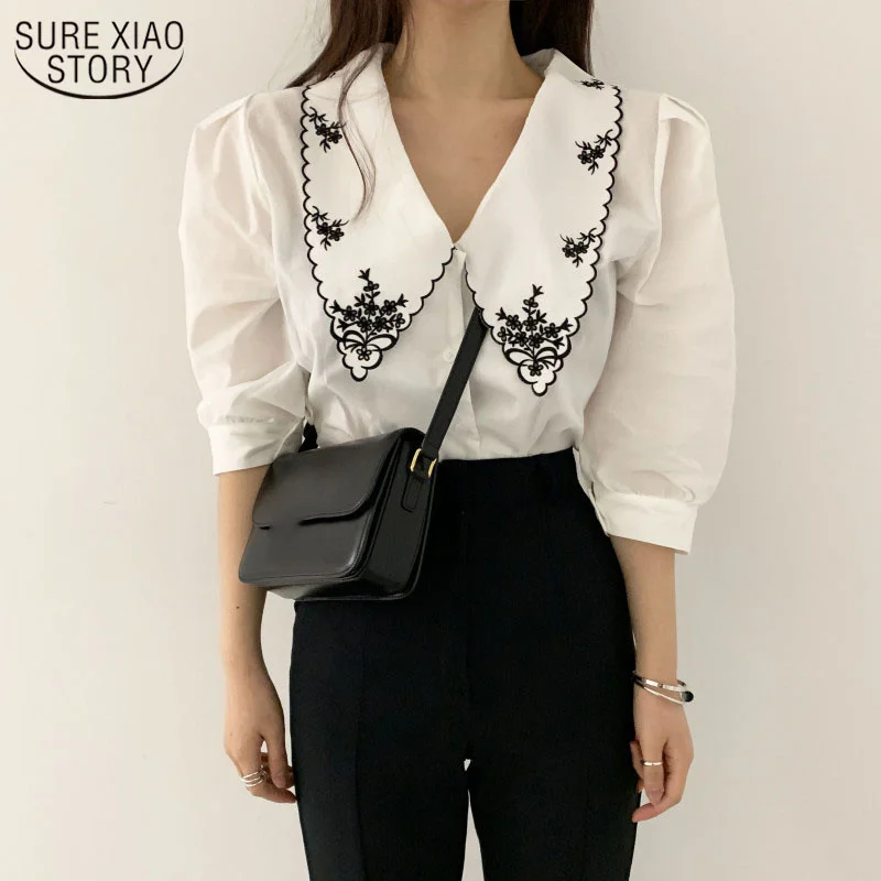 

Блузка женская с полурукавами-фонариками и цветочной вышивкой, 2022