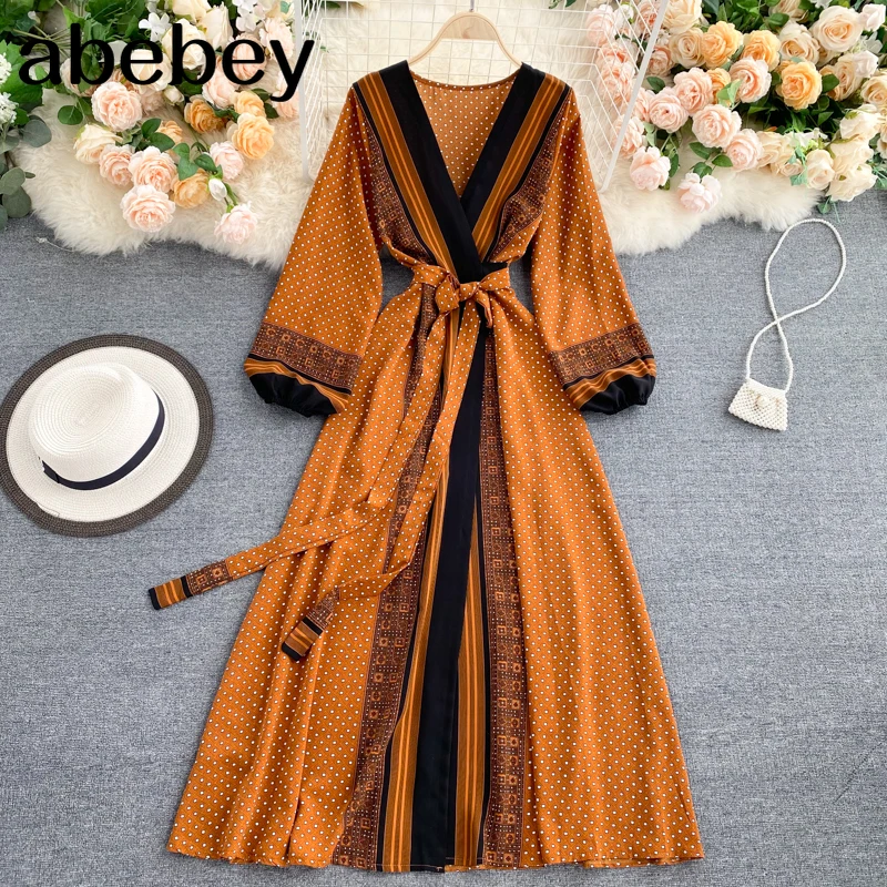 Весенне-осеннее женское платье с принтом, длинное, винтажный стиль, с пышными рукавами, высокой талией и расклешенное, женские вестидосы, новинка 2021 года, модное пляжное платье.