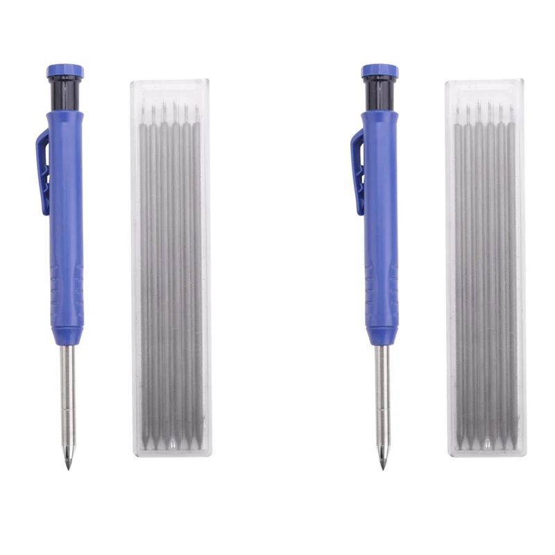 

2X Solid Carpenter Pencil Set With 14 Refill Set Leads Built-In Sharpener Deep Hole Mechanical Marker Marking Pen Tool E